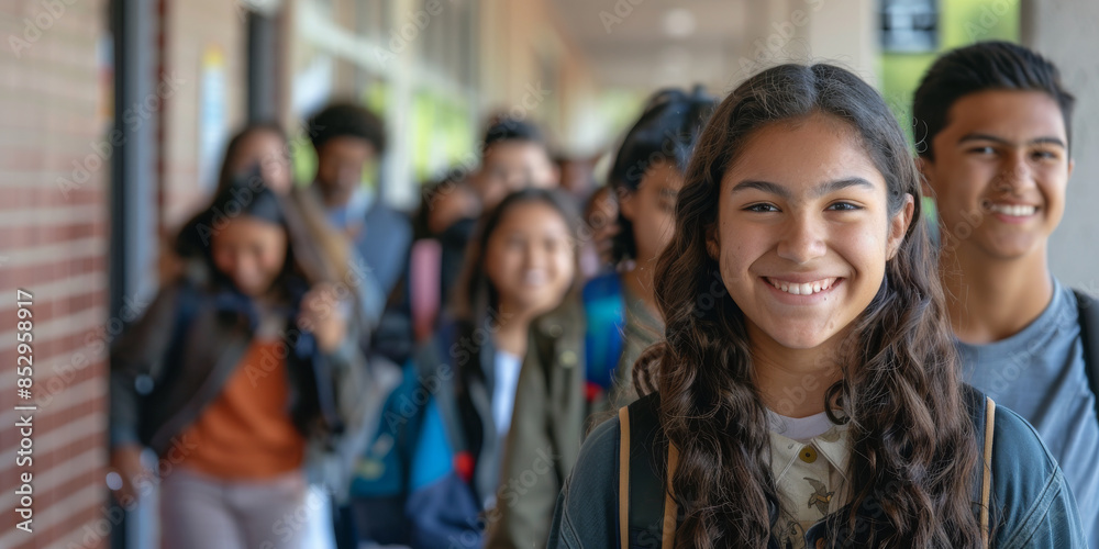 Fototapeta premium Latino students eagerly entering school on the first day back