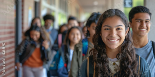 Latino students eagerly entering school on the first day back