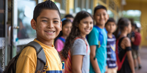 Latino students eagerly entering school on the first day back