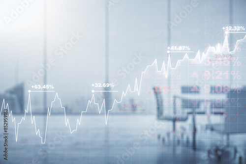 Multi exposure of virtual abstract financial graph interface on a modern coworking room background, financial and trading concept