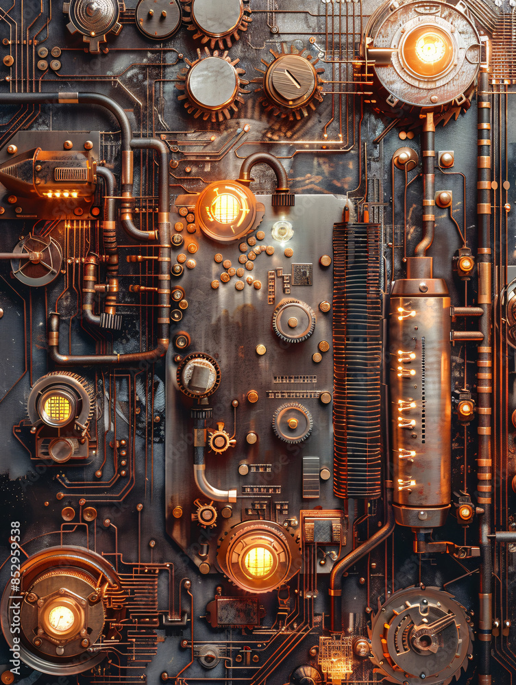 Fototapeta premium Cyberpunk Hacker Breaking Through Digital Defenses with Steampunk Gadgets