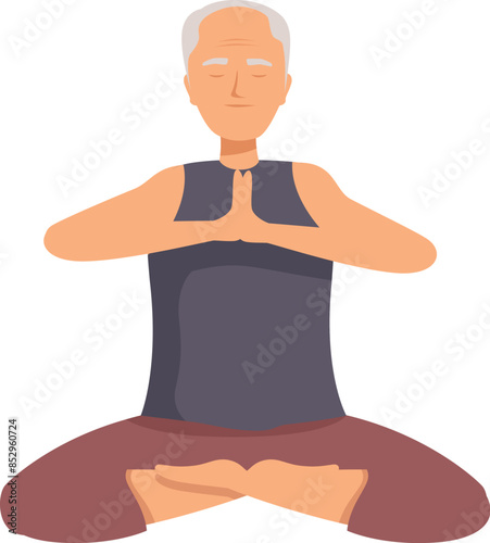 Relaxed senior man is sitting cross legged, meditating with his eyes closed