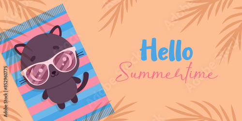Cute cat with sunglasses on the beach. Hello summertime banner.