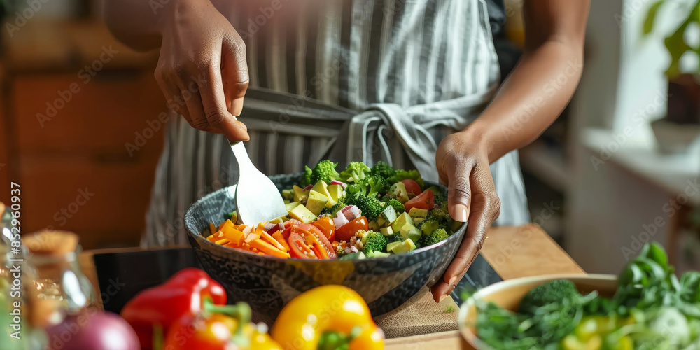 a Black woman preparing a vegan breakfast bowl with fresh ingredients a Black woman preparing a vegan breakfast bowl with fresh ingredients