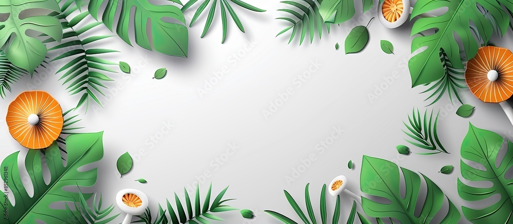 Tropical background with paper cut style green leaves and orange flowers Tropical background with paper cut style green leaves and orange flowers