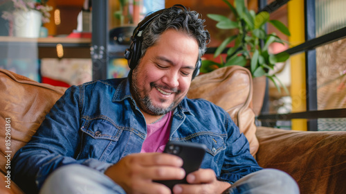 a Hispanic man creating a playlist of his favorite songs to energize his morning photo