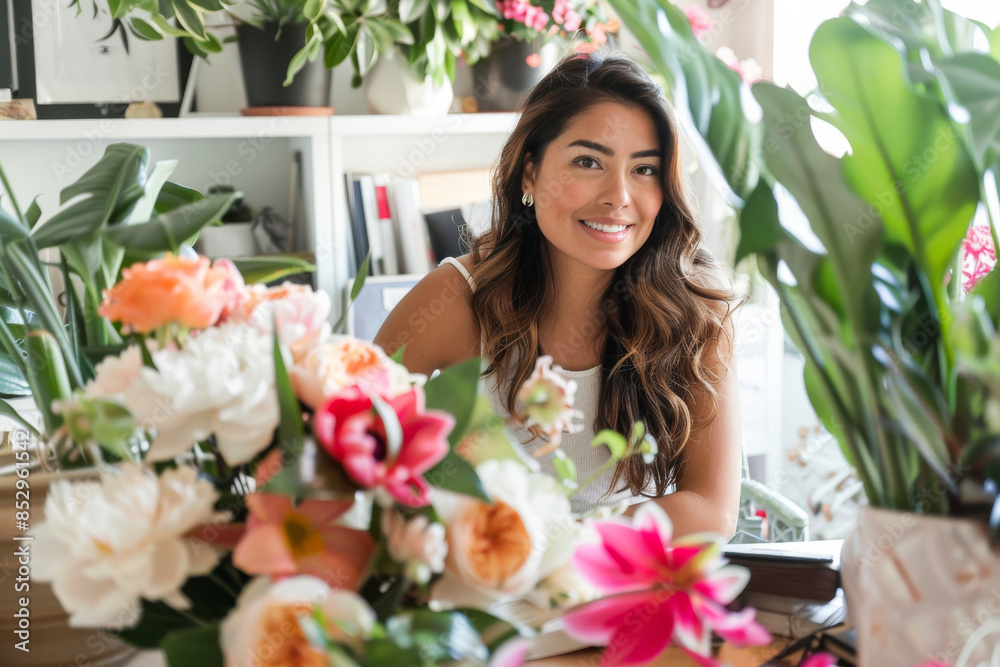 a Hispanic woman arranging her workspace with fresh flowers and motivational quotes a Hispanic woman arranging her workspace with fresh flowers and motivational quotes