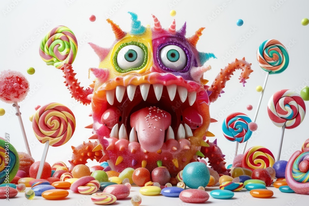 Colorful candy monster surrounded by lollipops and sweets in a fun and playful design Colorful candy monster surrounded by lollipops and sweets in a fun and playful design