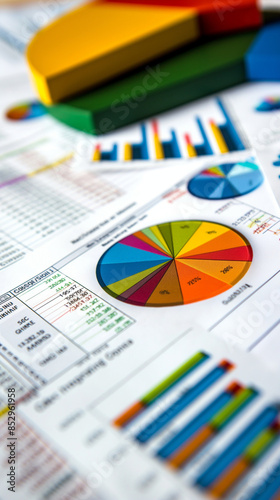 A closeup of financial graphs and charts, showcasing colorful pies. The background is filled with various document details such as an empty word confidence sheet and data visualization on white paper