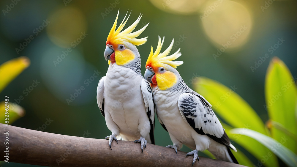 Two beautiful Cockatiels on a tree branch Two beautiful Cockatiels on a tree branch