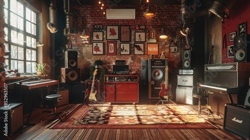 atmosphere in the music studio room, themed rock metal music. vintage style. generative AI Content.