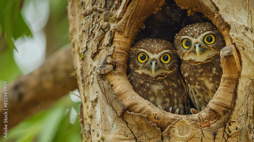 Two cute baby spike owls peeking out of a tree hollow Two cute baby spike owls peeking out of a tree hollow