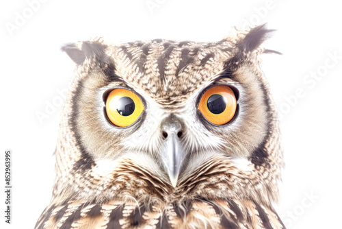A close up of an owl's face with its eyes open