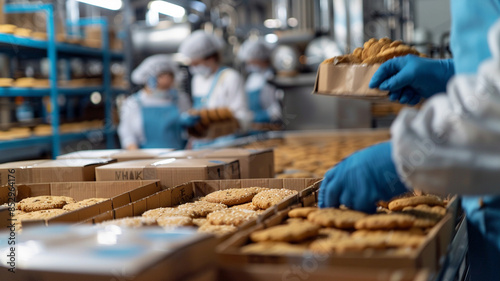 Envision workers in a bustling cookie factory packaging freshly baked treats into boxes and organizing them for shipping, dressed in specialized attire and protective clothing,