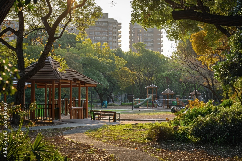 A city park with abundant trees, playgrounds, and walking paths, demonstrating urban green spaces. A city park with abundant trees, playgrounds, and walking paths, demonstrating urban green spaces.