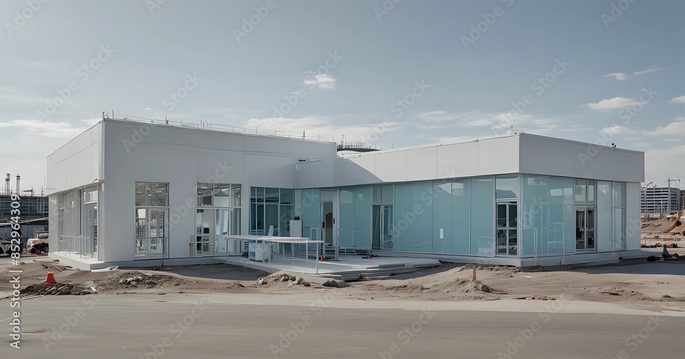 A Modern Mobile Office Building with a Crisp White and Pastel Blue Exterior. side view A Modern Mobile Office Building with a Crisp White and Pastel Blue Exterior. side view