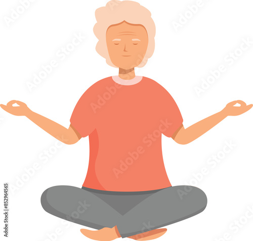 Senior woman practicing yoga, meditating in lotus pose, finding inner peace and promoting healthy lifestyle