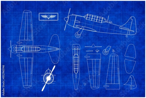 Mockup  fantasy blueprint illustration of WWII aircraft. Use as design element for websites, print and other graphics. photo