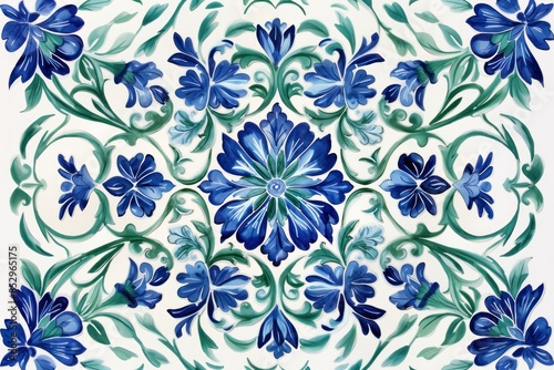 Vibrant floral pattern ceramic tiles with intricate designs. Ethnic folk ceramic tile in talavera style. Navy blue floral Italian pattern.