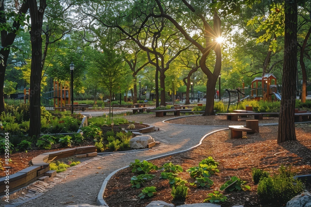 Fototapeta premium A city park with abundant trees, playgrounds, and walking paths, demonstrating urban green spaces. 