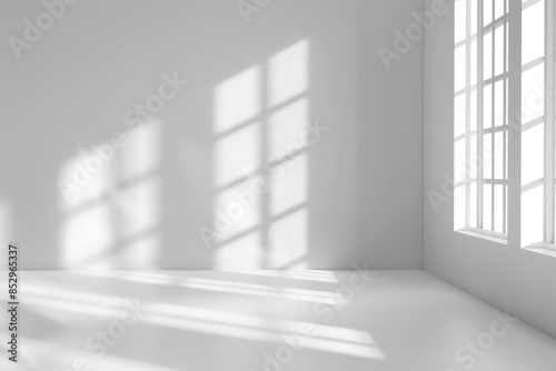 Empty room minimalistic light gray background for product presentation with shadow and light from windows