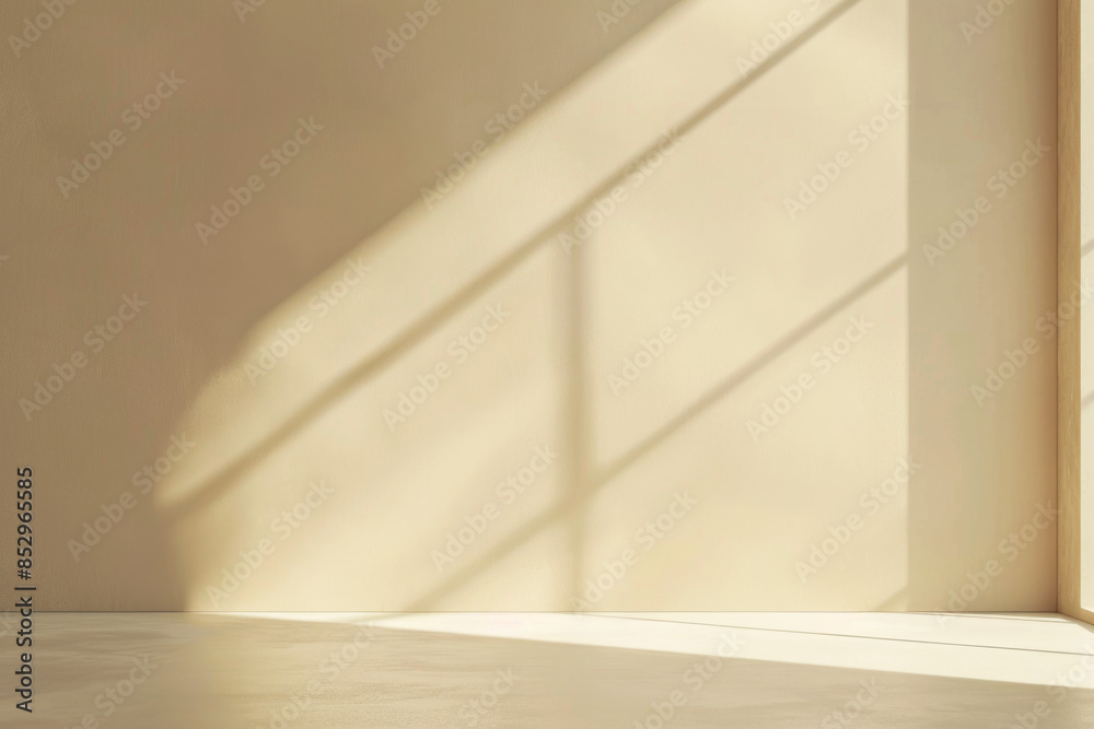 Fototapeta premium Empty room minimalistic light beige background for product presentation with shadow and light from windows