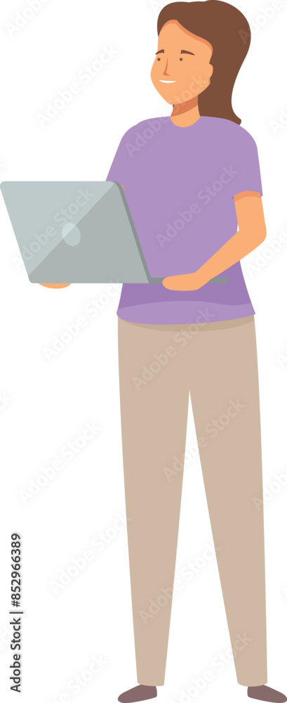 Young woman is holding a laptop computer while standing and smiling Young woman is holding a laptop computer while standing and smiling