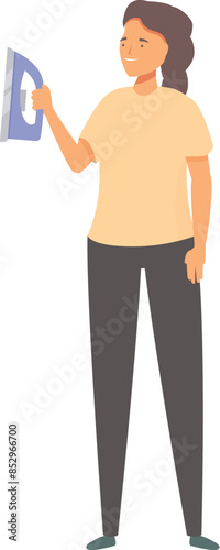 Young housewife is ironing clothes, smiling happily as she tackles her household chores