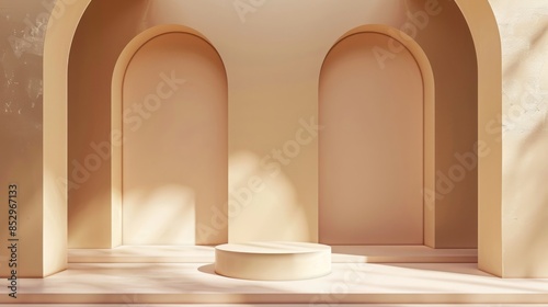 luxurious light brown product display environment, podium style architectural abstract background, copy and text space, 16:9