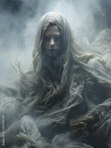 an image of a woman in a white shroud with smoke coming out of her mouth