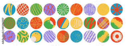 Retro colorful geometric pattern background, vector abstract circle art. Hand drawing lines. Trendy bauhaus icon set