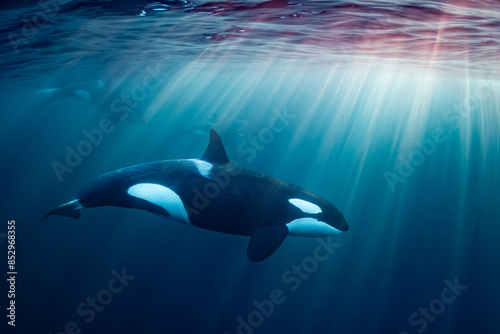orcas or killer whales in Kvænangen fjord in Norway hunting for herrings