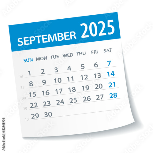 September 2025 Calendar Leaf. Week Starts on Monday. Vector Illustration