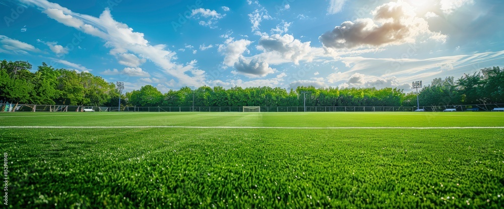 Fototapeta premium An Empty Soccer Field, Its Green Grass Ready And Waiting For The Next Game