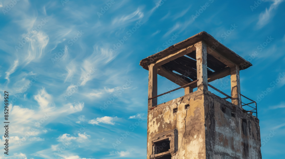 Abandoned Watchtower in Ruins, Overgrown with Plants and Trees