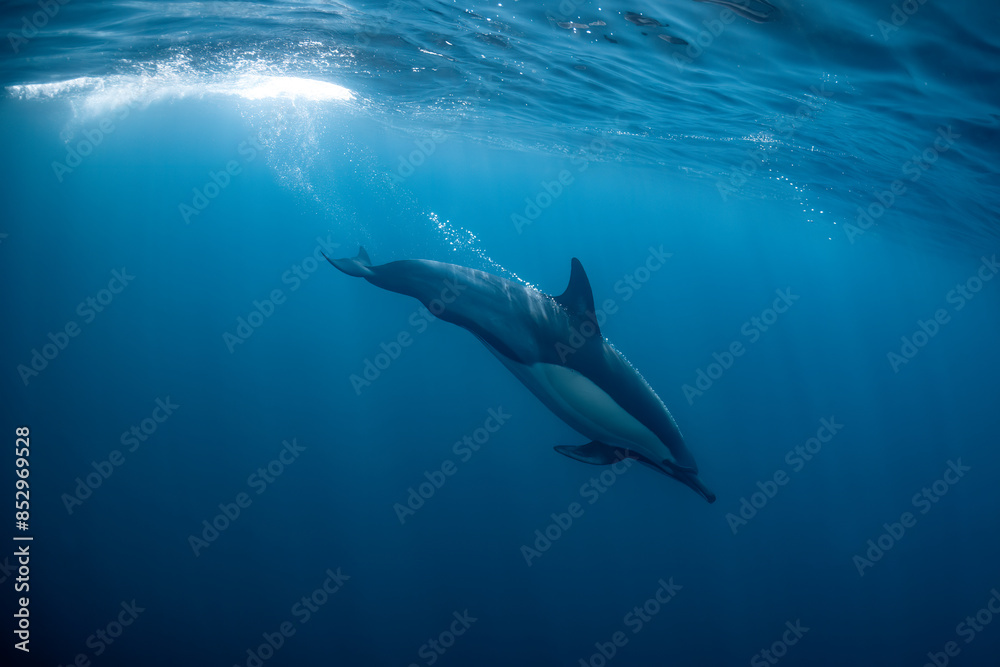 Naklejka premium Pod of common dolphins (Delphinus delphis) swimming in the Atlantic Ocean near the Western Cape coast of South Africa