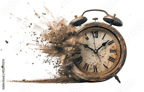 An old alarm clock bursts into dust and pieces against a white backdrop, showing Roman numerals and black hands, symbolizing times fleeting nature