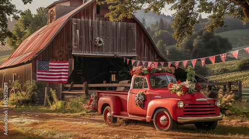 A nostalgic composition featuring a vintage pickup truck adorned with flags and bunting, parked in front of a rustic barn, symbolizing traditional American values and spirit. , com