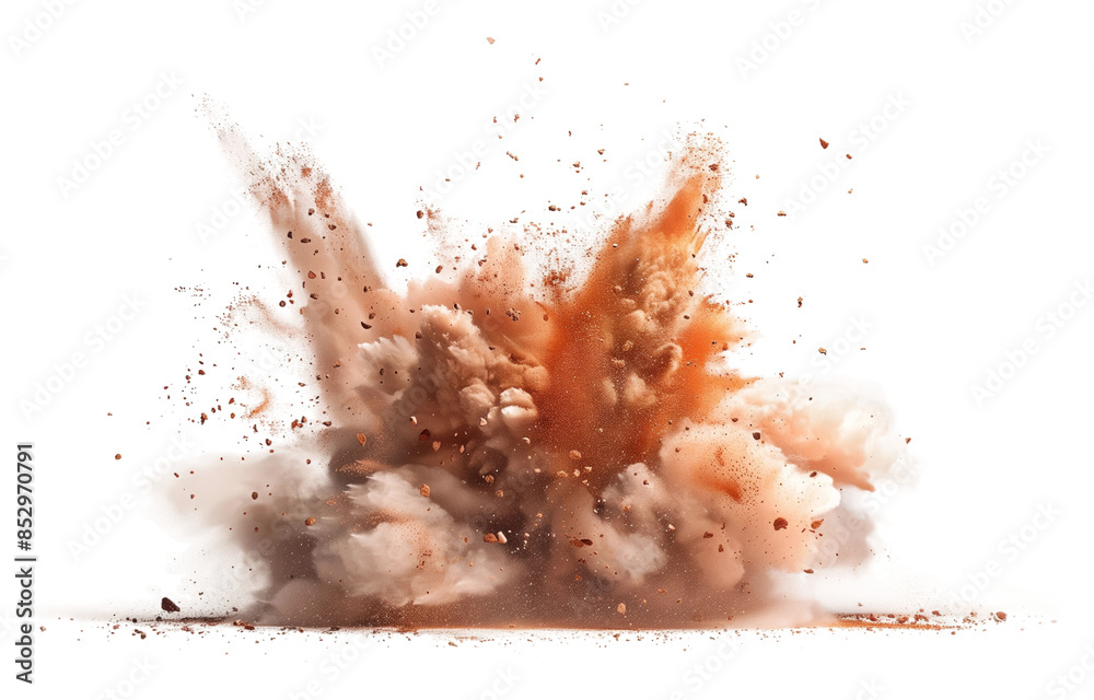 A ceramic ornament explodes, creating a cloud of brown dust against a white background A ceramic ornament explodes, creating a cloud of brown dust against a white background