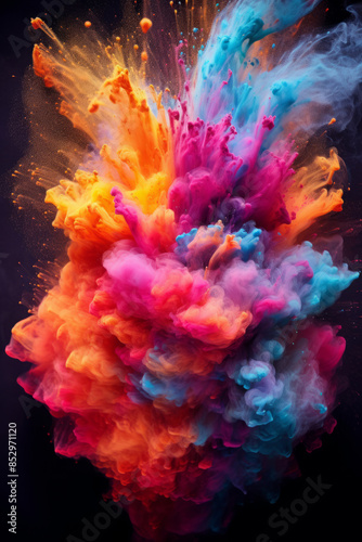 Vibrant color explosion on black background, powder color cloud