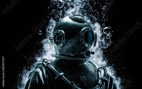 Person wearing a vintage diving suit. Water bubble effect against a dark background.