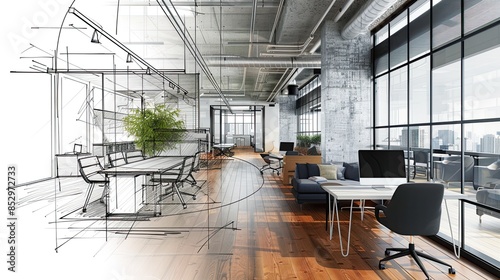 Stylish office interior with modern furniture. Combination of photo and sketch 