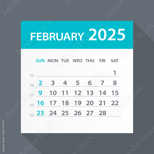 February 2025 Calendar Green Leaf - Vector Illustration