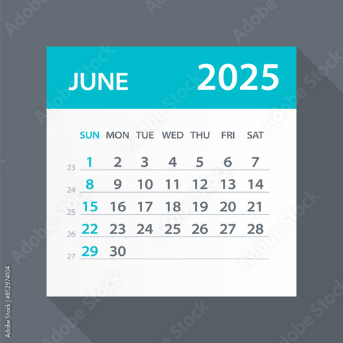 June 2025 Calendar Green Leaf - Vector Illustration