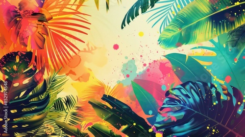 Jungle Rhapsody: A dynamic abstract illustration inspired by the rhythm of the jungle, with exotic leaves dancing amidst bursts of vibrant colors and energetic patterns against a summer sky.