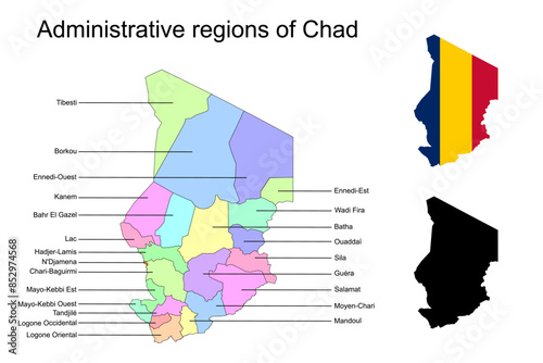 Chad administrative divisions. Chad flag and map illustration vector. Districts of Chad 