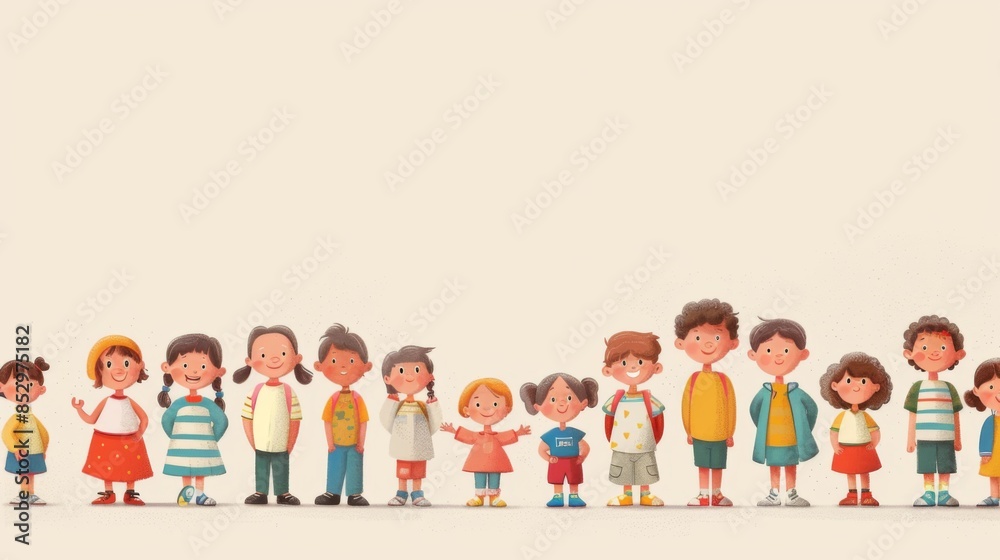 Flat illustration, horizontal banner. Holidays, end of school year. Smiling children stand holding hands. Free space for text, copy space Flat illustration, horizontal banner. Holidays, end of school year. Smiling children stand holding hands. Free space for text, copy space