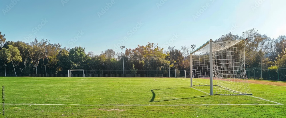Fototapeta premium Kids And Goalposts Adorn The Expansive Green Soccer Field During Practice