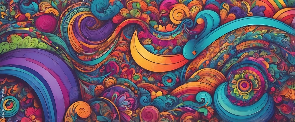 A colorful and intricate design with a lot of swirls and patterns. The colors are bright and vibrant, creating a sense of energy and movement. The design is likely meant to evoke feelings of joy