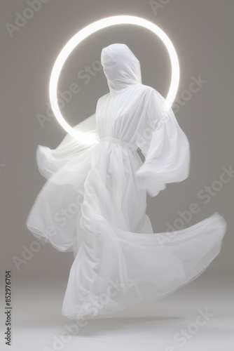 A woman in a white dress is dancing in front of a glowing circle